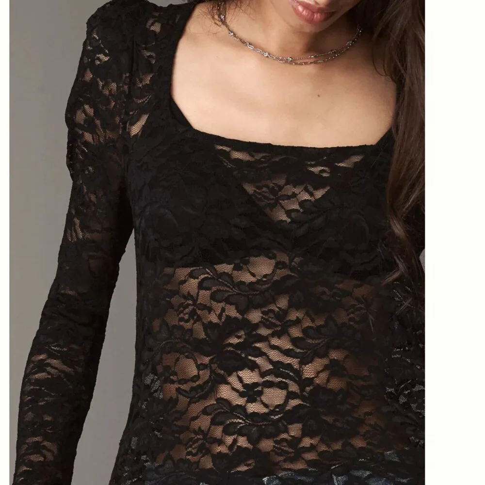 NWT Anthropologie Puff-Sleeve Sheer Lace Top Whimsigoth Moody Festival Size S